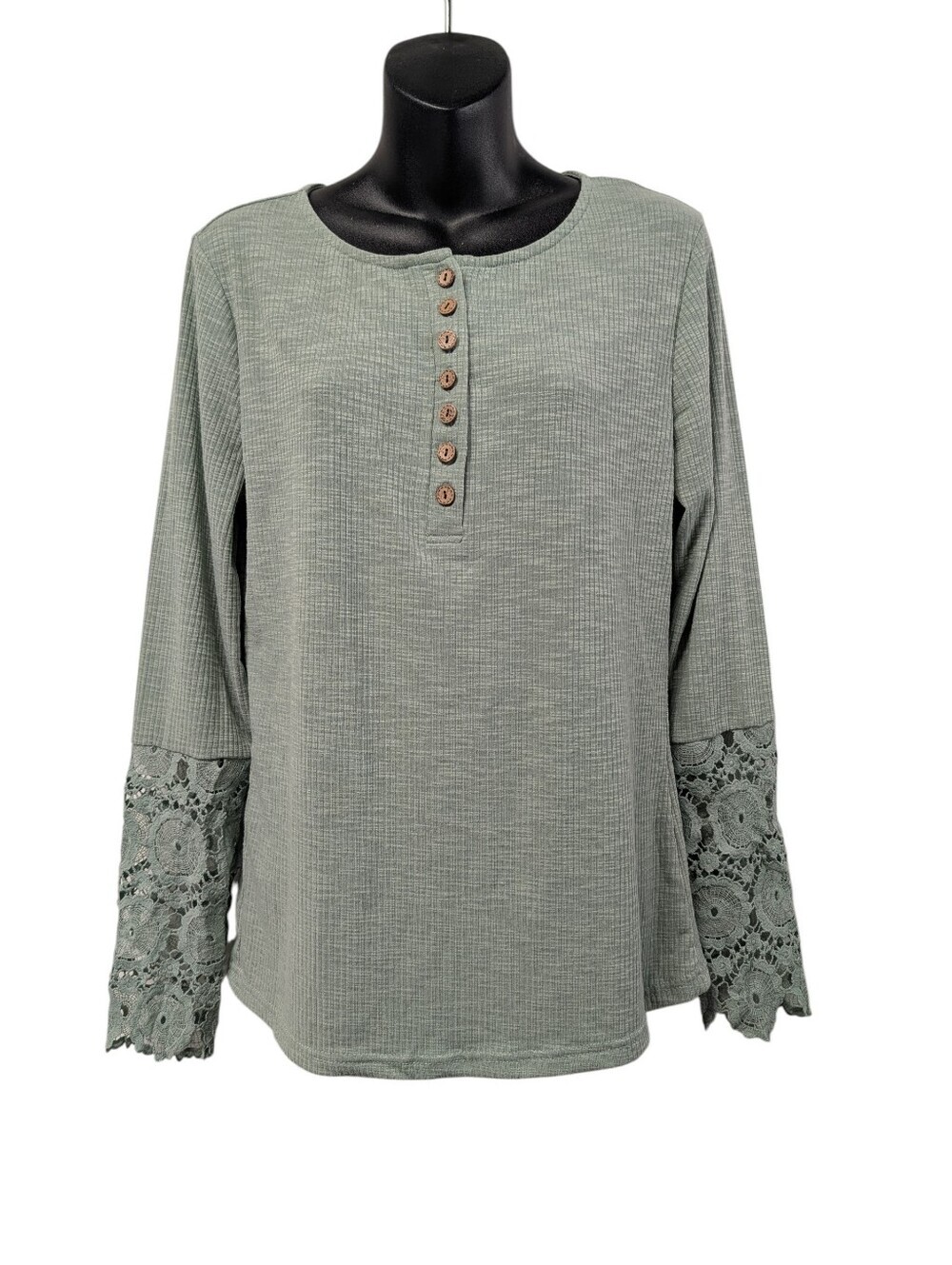Kancystore Sage Green Ribbed Henley Top Crochet Lace Long Sleeve Blouse Size L